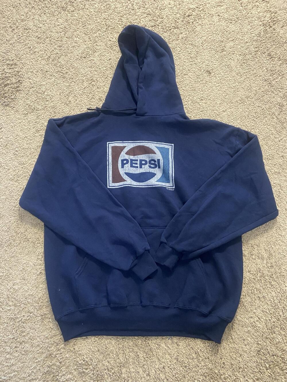 Jerzees Hoodie Mens XL Blue Pepsi Retro Logo Fleece Pullover Kangaroo Pocket